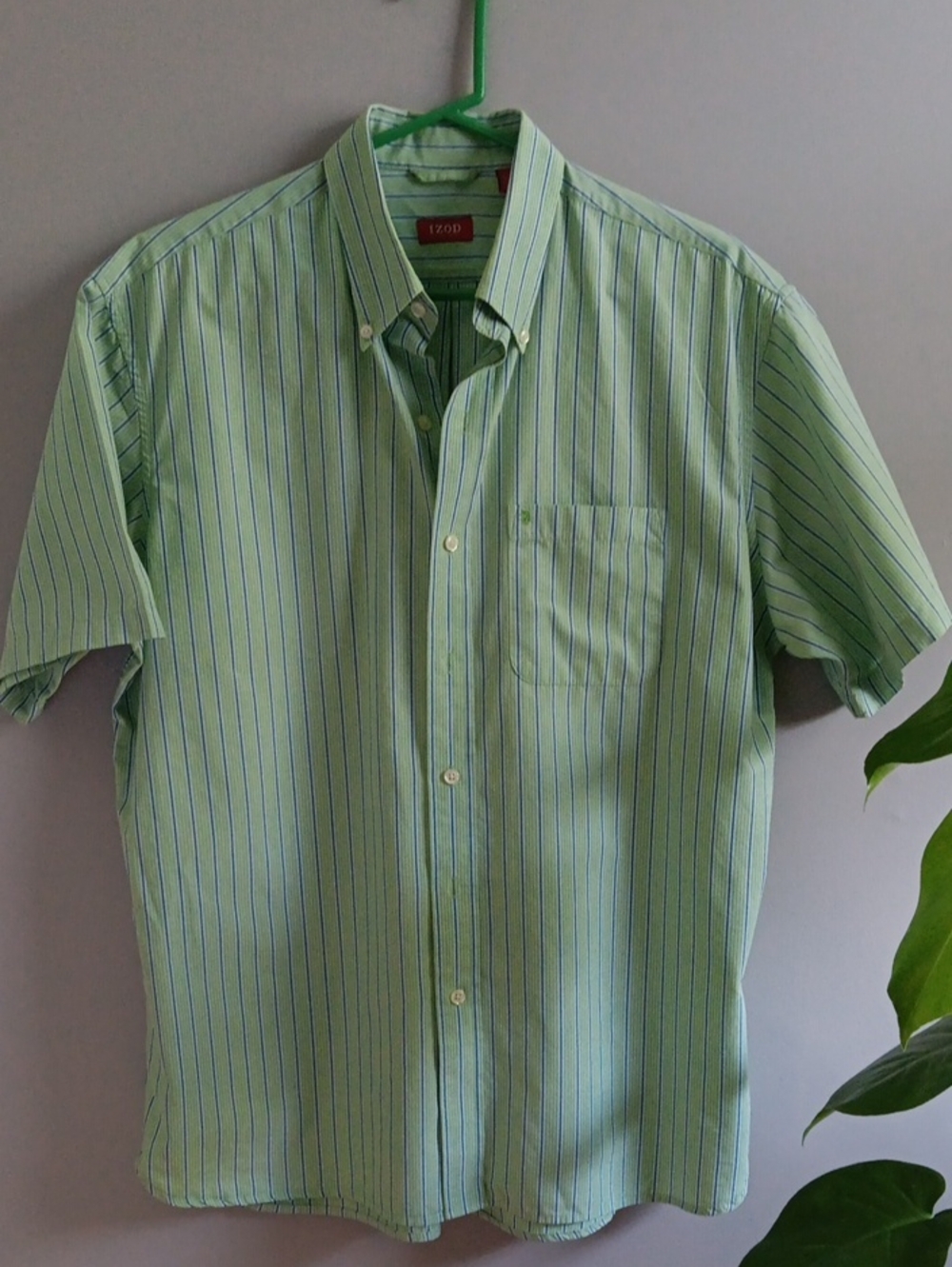 Izod Green Short-Sleeve Button-Down Shirt with Navy Stripes